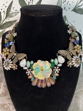 Vintage Multicolor Butterfly  Statement Bib Necklace Rhinestone Floral VTG